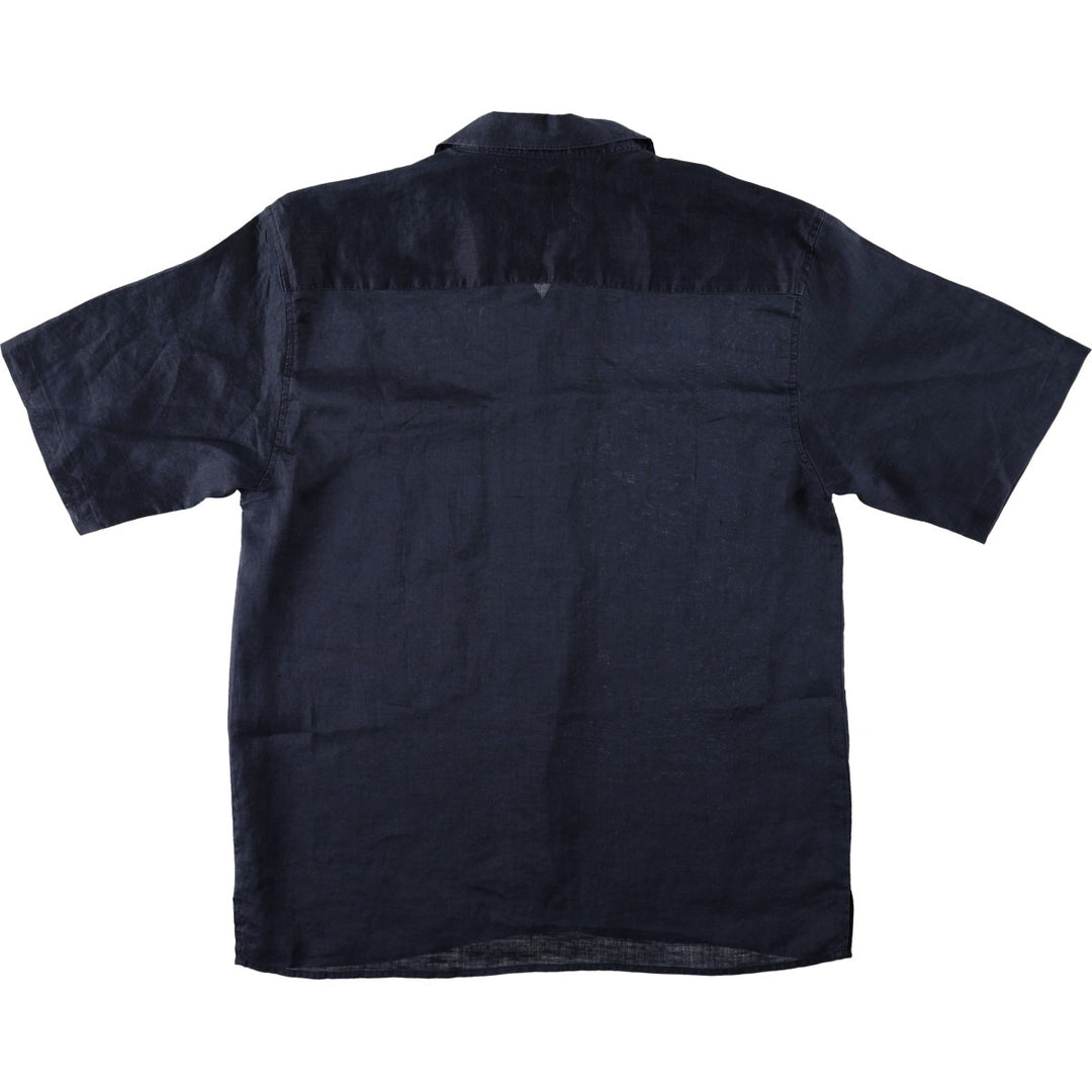 TRUST Short-Sleeve Open-Collar Linen Shirt, Boxy Fit, Men's Size L (approx.) linen navy blue type Vintage Second Hand