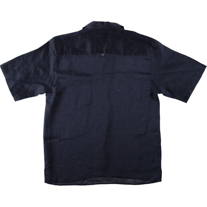 TRUST Short-Sleeve Open-Collar Linen Shirt, Boxy Fit, Men's Size L (approx.) linen navy blue type Vintage Second Hand