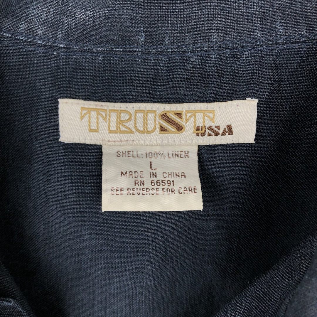 TRUST Short-Sleeve Open-Collar Linen Shirt, Boxy Fit, Men's Size L (approx.) linen navy blue type Vintage Second Hand