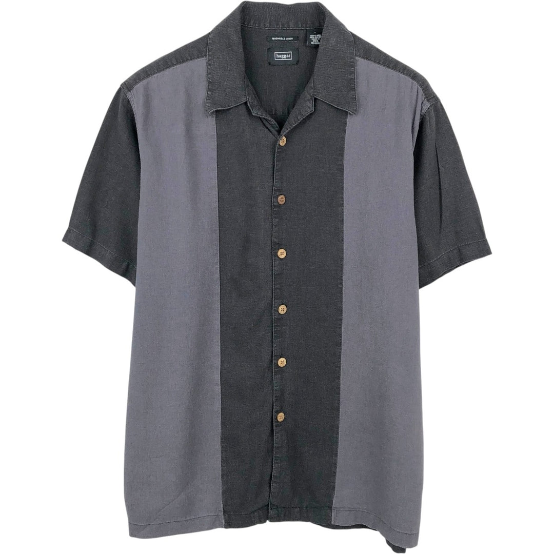 HAGGAR Washable Linen Short-Sleeve Open-Collar Rayon x Linen Box Shirt (Men's Size L) linen black type Vintage Second Hand