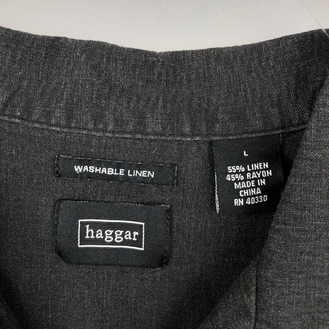 HAGGAR Washable Linen Short-Sleeve Open-Collar Rayon x Linen Box Shirt (Men's Size L) linen black type Vintage Second Hand
