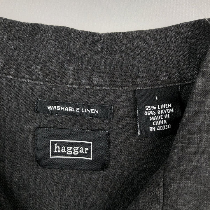 HAGGAR Washable Linen Short-Sleeve Open-Collar Rayon x Linen Box Shirt (Men's Size L) linen black type Vintage Second Hand