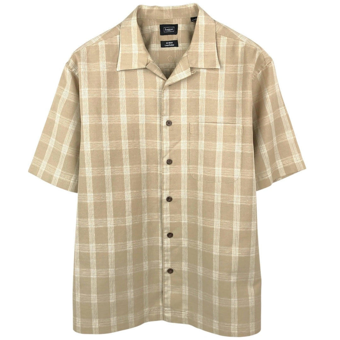 HAGGAR Q Check Pattern Short-Sleeve Open Collar Cotton x Linen Shirt, Boxy Shirt, Men's Size L (approx.) linen Beige type Vintage Second Hand