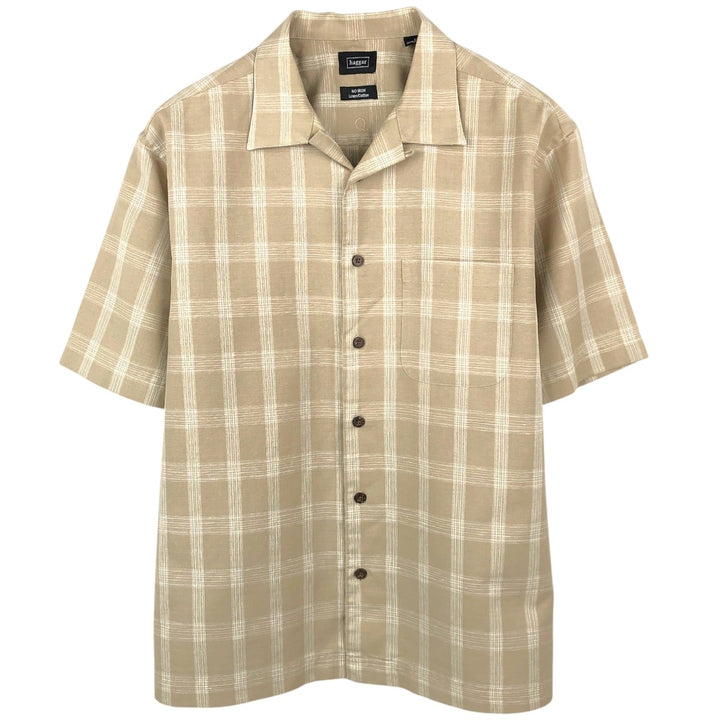 HAGGAR Q Check Pattern Short-Sleeve Open Collar Cotton x Linen Shirt, Boxy Shirt, Men's Size L (approx.) linen Beige type Vintage Second Hand