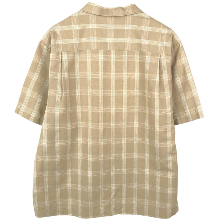 HAGGAR Q Check Pattern Short-Sleeve Open Collar Cotton x Linen Shirt, Boxy Shirt, Men's Size L (approx.) linen Beige type Vintage Second Hand