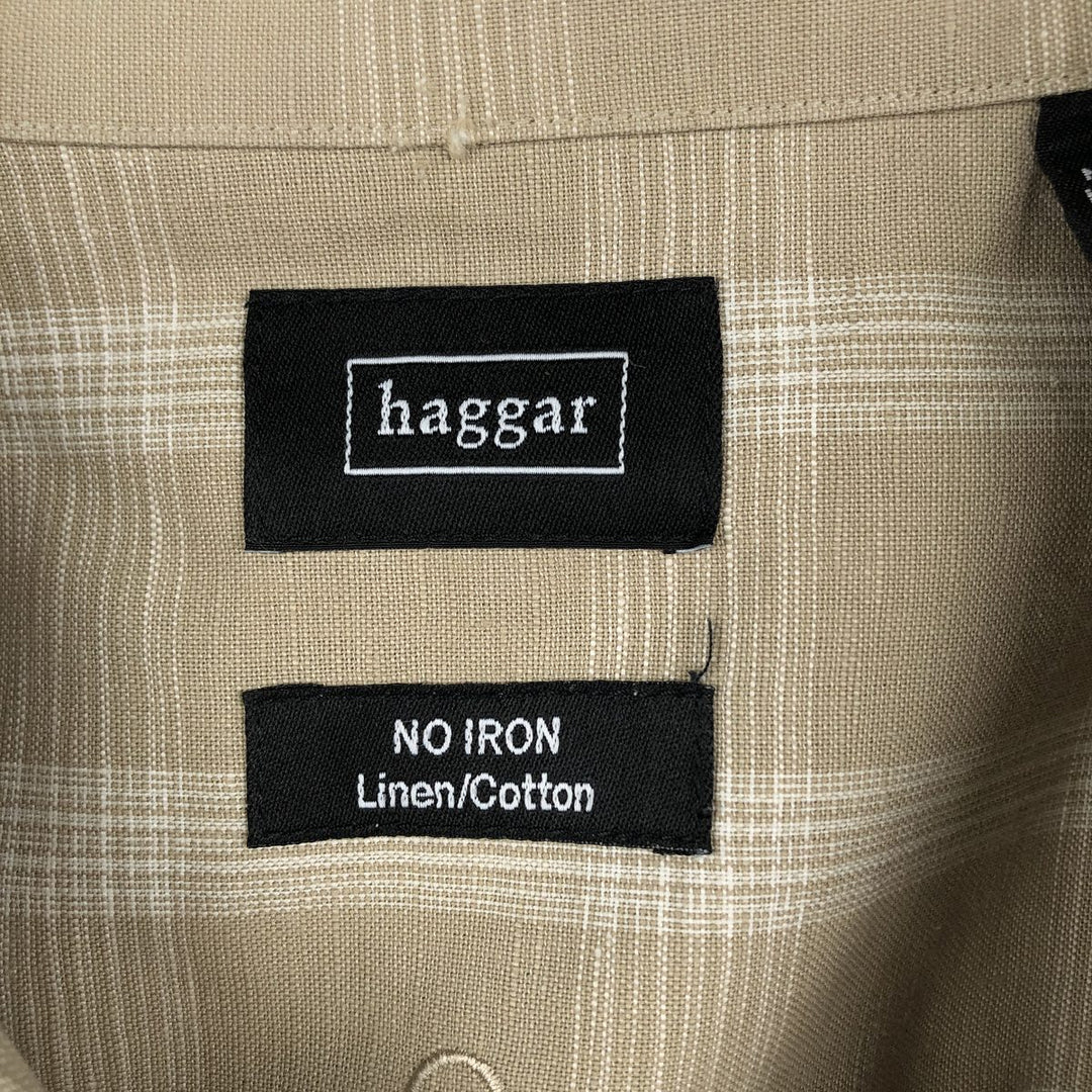 HAGGAR Q Check Pattern Short-Sleeve Open Collar Cotton x Linen Shirt, Boxy Shirt, Men's Size L (approx.) linen Beige type Vintage Second Hand