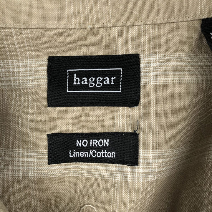 HAGGAR Q Check Pattern Short-Sleeve Open Collar Cotton x Linen Shirt, Boxy Shirt, Men's Size L (approx.) linen Beige type Vintage Second Hand