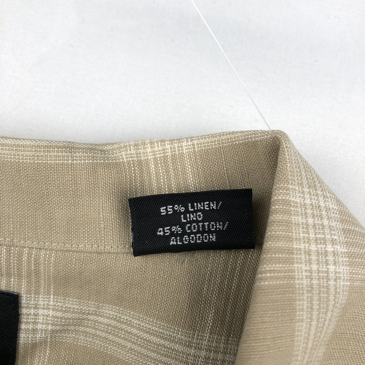 HAGGAR Q Check Pattern Short-Sleeve Open Collar Cotton x Linen Shirt, Boxy Shirt, Men's Size L (approx.) linen Beige type Vintage Second Hand