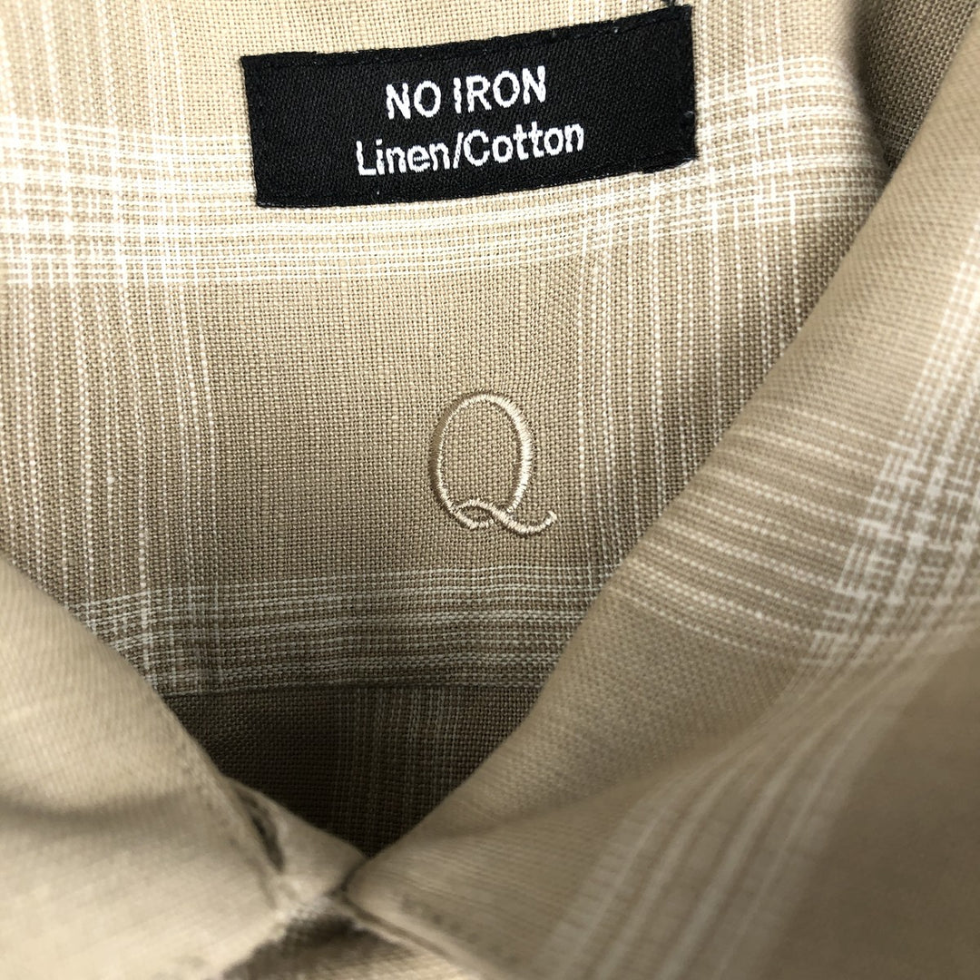 HAGGAR Q Check Pattern Short-Sleeve Open Collar Cotton x Linen Shirt, Boxy Shirt, Men's Size L (approx.) linen Beige type Vintage Second Hand