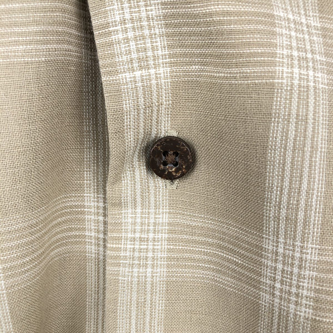HAGGAR Q Check Pattern Short-Sleeve Open Collar Cotton x Linen Shirt, Boxy Shirt, Men's Size L (approx.) linen Beige type Vintage Second Hand