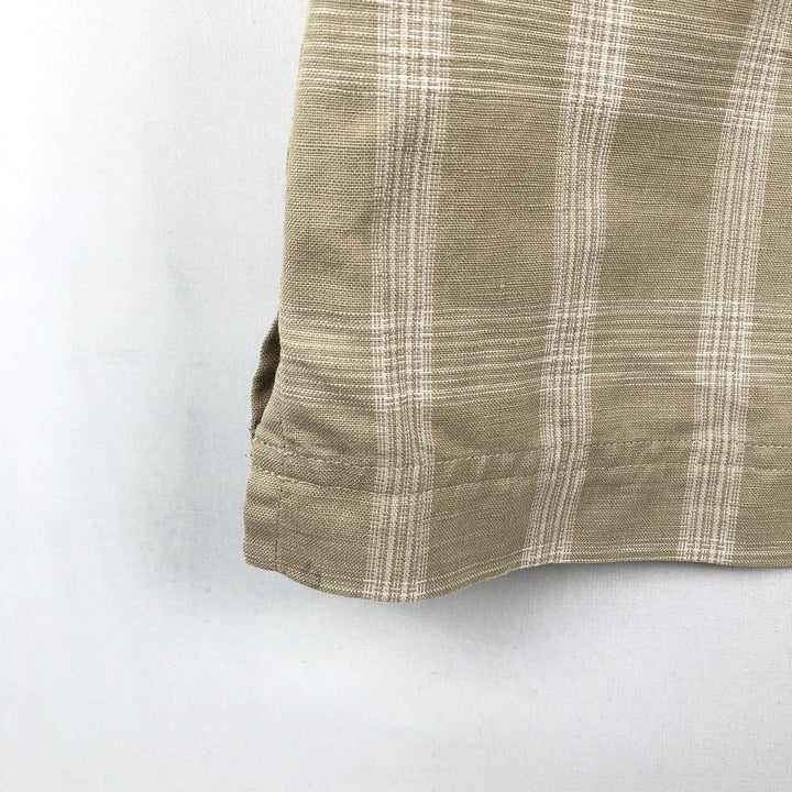 HAGGAR Q Check Pattern Short-Sleeve Open Collar Cotton x Linen Shirt, Boxy Shirt, Men's Size L (approx.) linen Beige type Vintage Second Hand