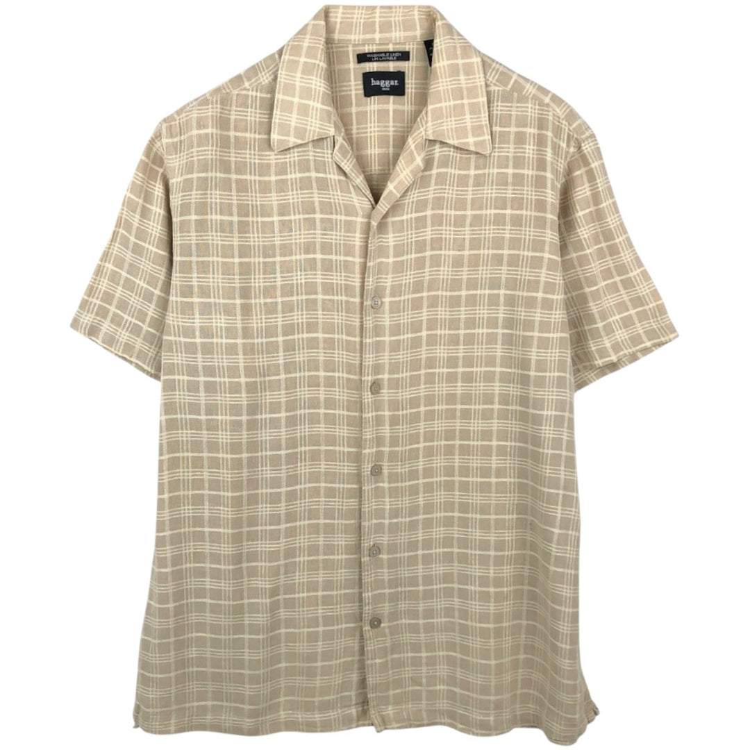 HAGGAR WASHABLE LINEN Check Pattern Short-Sleeve Open Collar Rayon x Linen Shirt, Boxy Shirt, Men's Size M (approx.) linen Beige type Vintage Second Hand