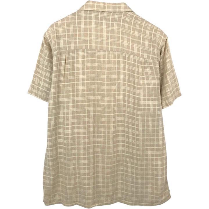 HAGGAR WASHABLE LINEN Check Pattern Short-Sleeve Open Collar Rayon x Linen Shirt, Boxy Shirt, Men's Size M (approx.) linen Beige type Vintage Second Hand
