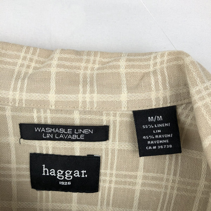 HAGGAR WASHABLE LINEN Check Pattern Short-Sleeve Open Collar Rayon x Linen Shirt, Boxy Shirt, Men's Size M (approx.) linen Beige type Vintage Second Hand