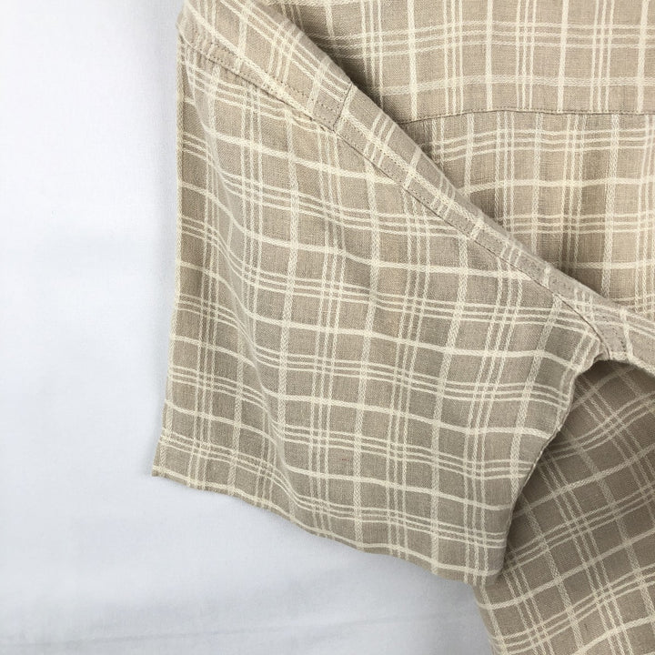 HAGGAR WASHABLE LINEN Check Pattern Short-Sleeve Open Collar Rayon x Linen Shirt, Boxy Shirt, Men's Size M (approx.) linen Beige type Vintage Second Hand