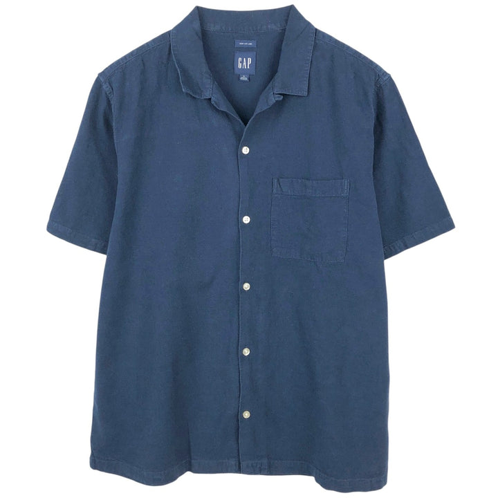 90'S Gap (Old Gap) Short-Sleeve Open-Collar Cotton x Linen Shirt, Boxy Shirt, Men's Size L (Equivalent), Vintage linen navy blue type Vintage Second Hand