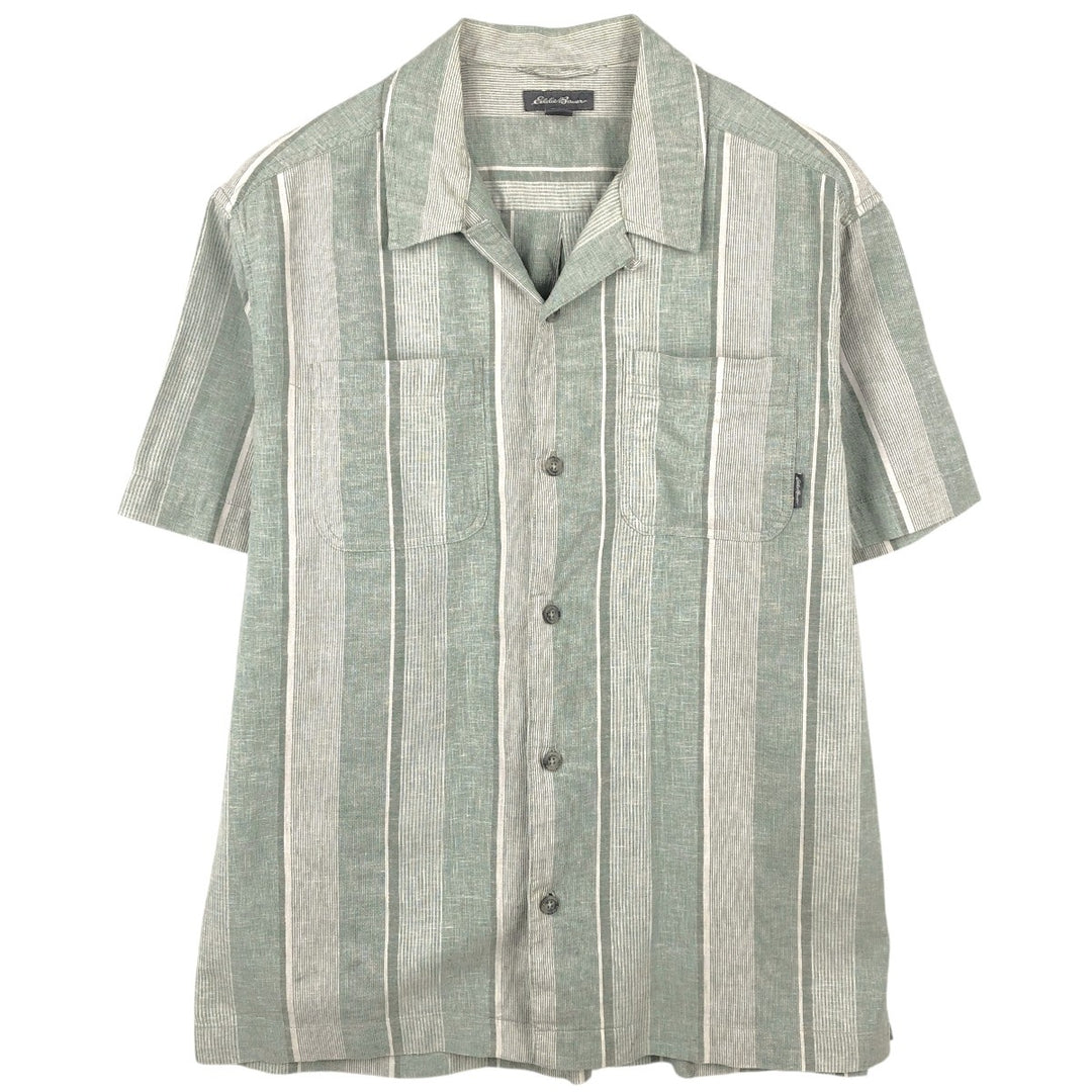 Eddie Bauer Stripe Pattern Short-Sleeve Open Collar Cotton x Hemp Box Shirt (Men's Size M) Hemp green type Vintage Second Hand