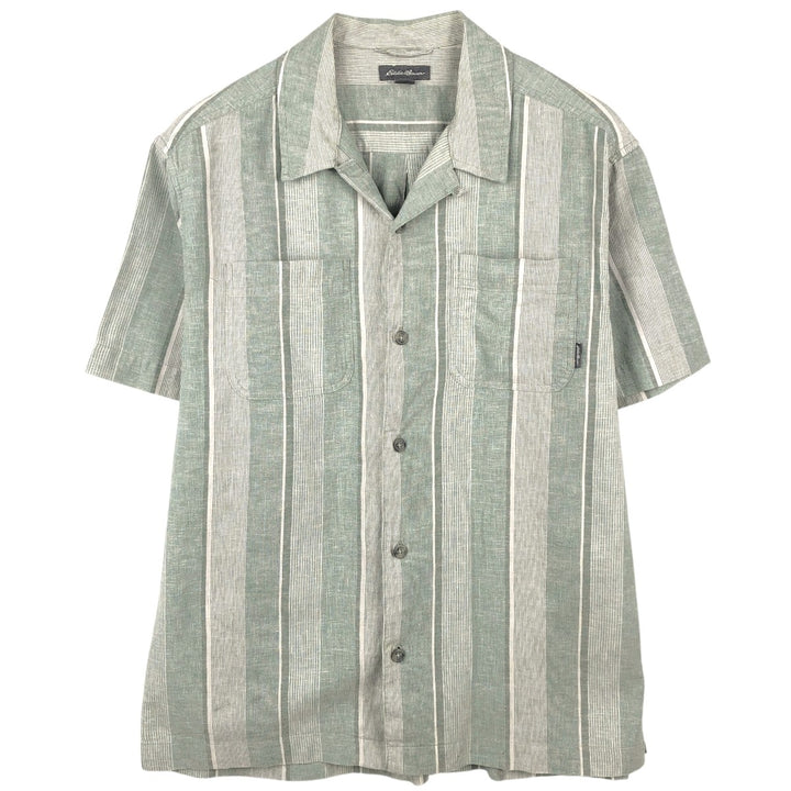 Eddie Bauer Stripe Pattern Short-Sleeve Open Collar Cotton x Hemp Box Shirt (Men's Size M) Hemp green type Vintage Second Hand