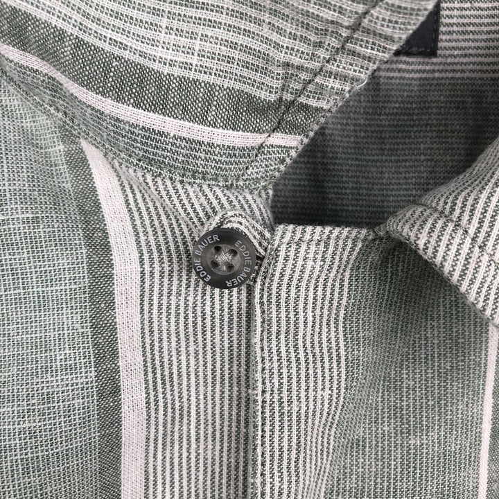 Eddie Bauer Stripe Pattern Short-Sleeve Open Collar Cotton x Hemp Box Shirt (Men's Size M) Hemp green type Vintage Second Hand