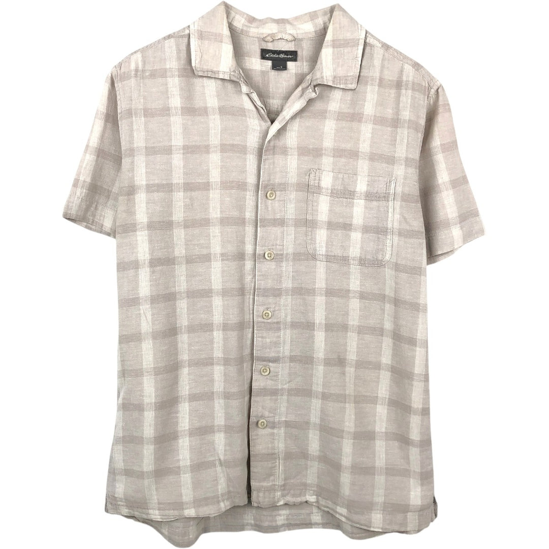 Eddie Bauer Check Pattern Short-Sleeve Open Collar Cotton x Linen Shirt, Boxy Shirt, Men's Size S (approx.) linen Beige type Vintage Second Hand