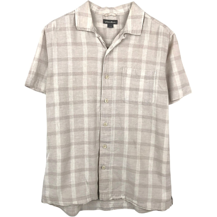 Eddie Bauer Check Pattern Short-Sleeve Open Collar Cotton x Linen Shirt, Boxy Shirt, Men's Size S (approx.) linen Beige type Vintage Second Hand