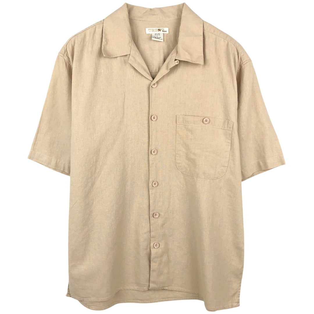 TRUST Short-Sleeve Open-Collar Rayon x Linen Shirt, Boxy Fit, Men's Size L (approx.) linen Beige type Vintage Second Hand