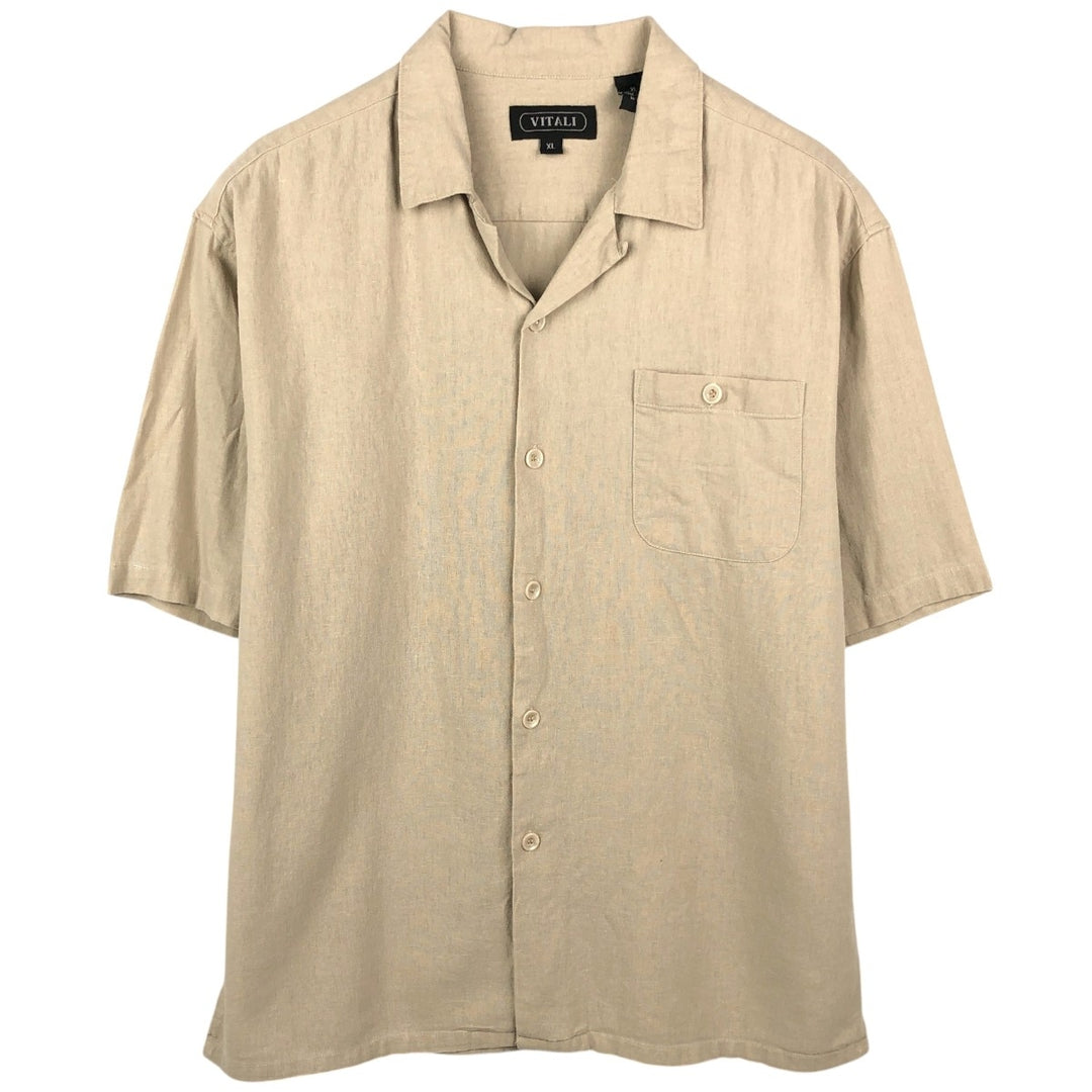 VITALI Short-Sleeve Open-Collar Linen Shirt, Boxy Fit, Men's Size XL (approx.) linen Beige type Vintage Second Hand