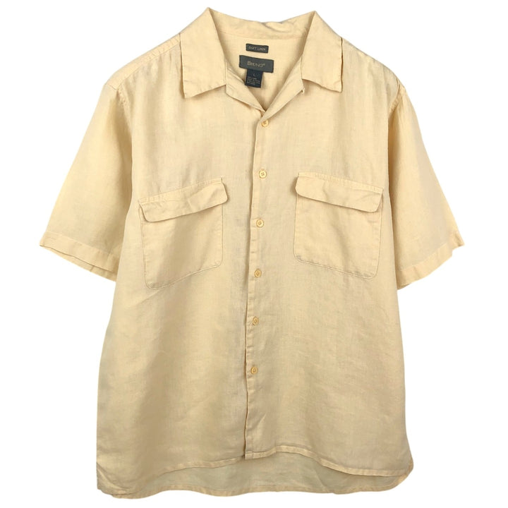 BRUNO SOFT LINEN Short-Sleeve Open-Collar Linen Shirt, Boxy Shirt, Men's Size L (approx.) linen yellow type Vintage Second Hand