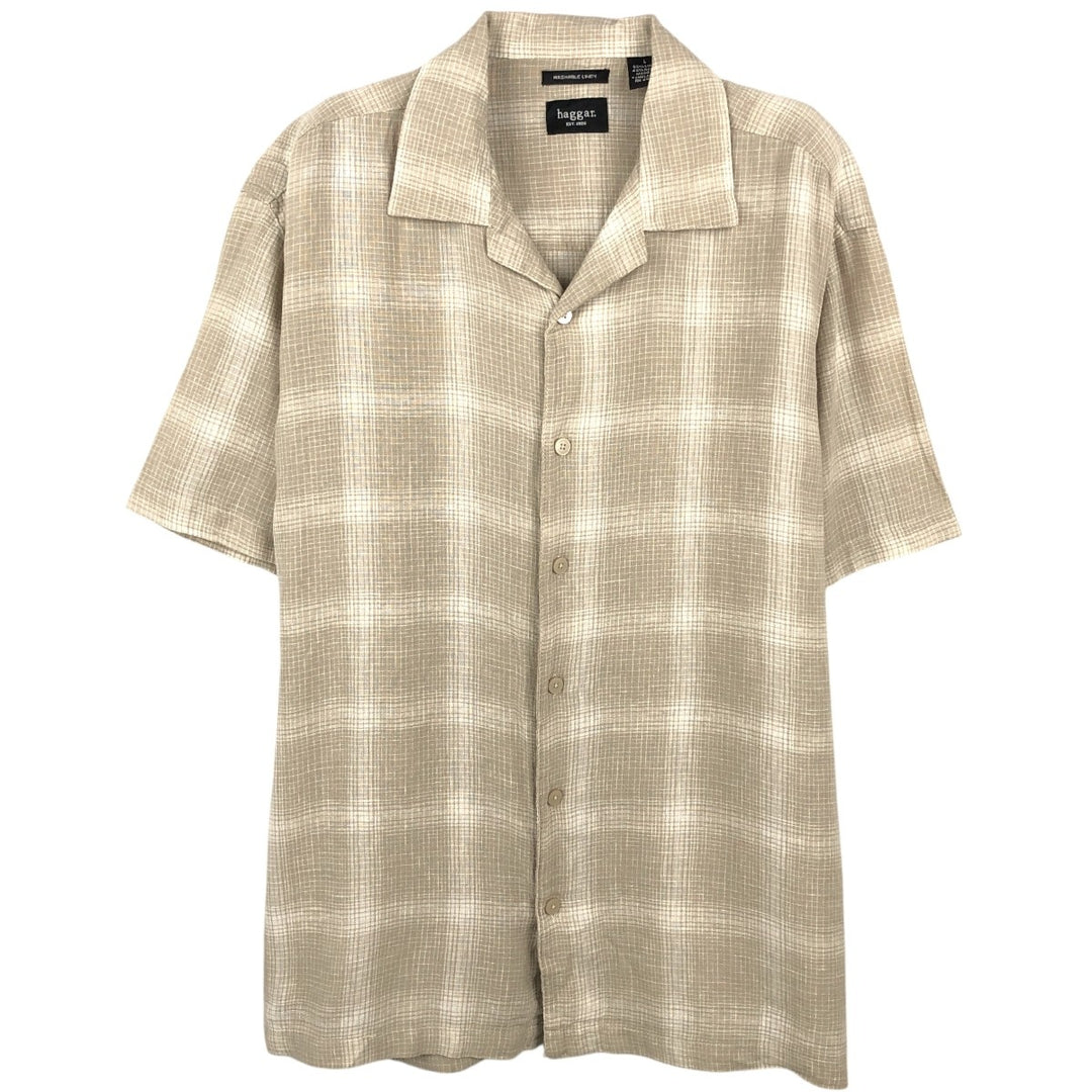HAGGAR WASHABLE LINEN Ombre Check Short-Sleeve Open Collar Rayon x Linen Shirt, Boxy Shirt, Men's Size L (approx.) linen Beige type Vintage Second Hand