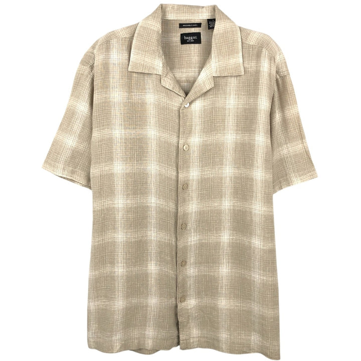 HAGGAR WASHABLE LINEN Ombre Check Short-Sleeve Open Collar Rayon x Linen Shirt, Boxy Shirt, Men's Size L (approx.) linen Beige type Vintage Second Hand