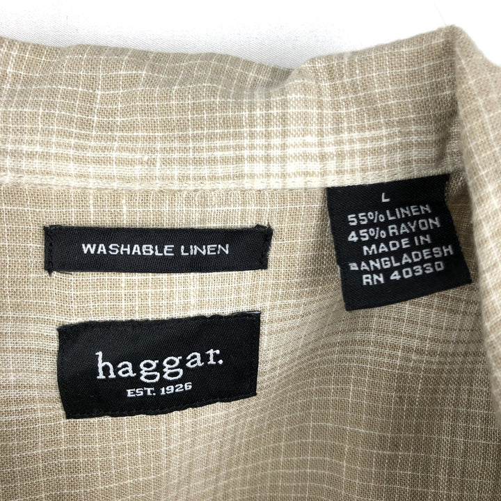 HAGGAR WASHABLE LINEN Ombre Check Short-Sleeve Open Collar Rayon x Linen Shirt, Boxy Shirt, Men's Size L (approx.) linen Beige type Vintage Second Hand