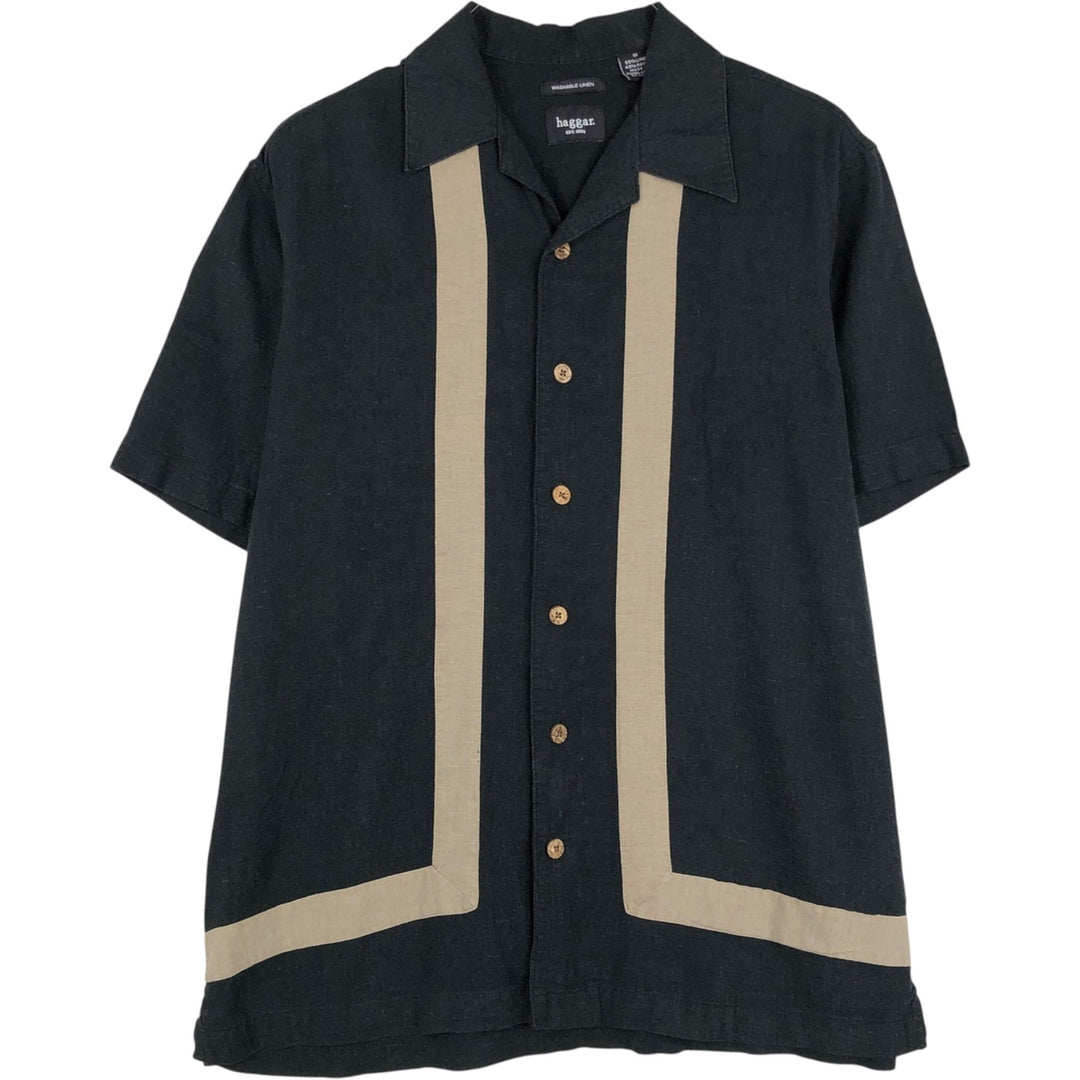Haggar Short Sleeve Open Collar Rayon x Linen Shirt Box Shirt Men's M Size linen black type Vintage Second Hand