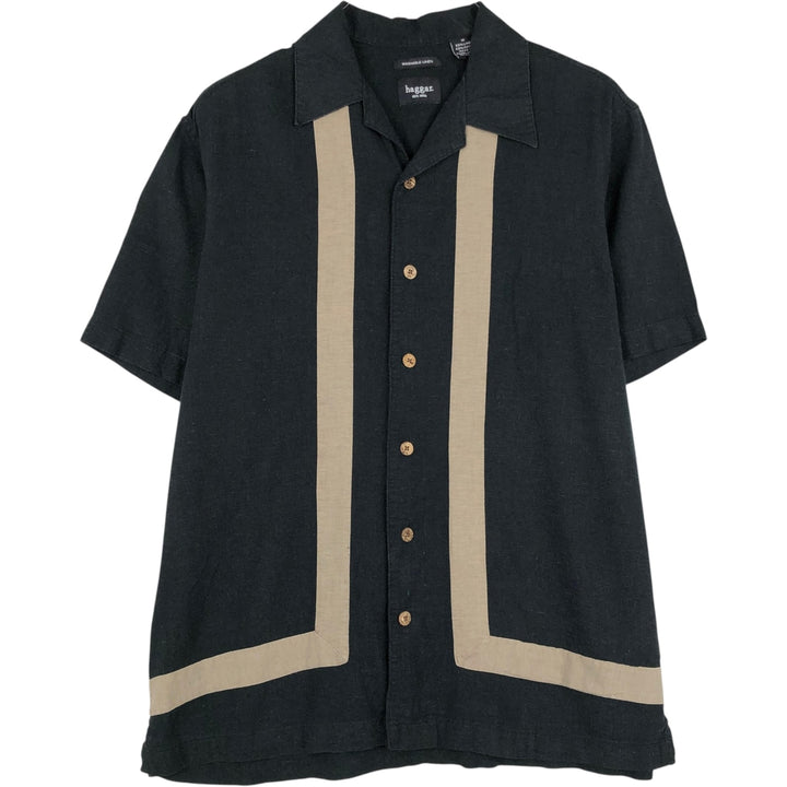 Haggar Short Sleeve Open Collar Rayon x Linen Shirt Box Shirt Men's M Size linen black type Vintage Second Hand