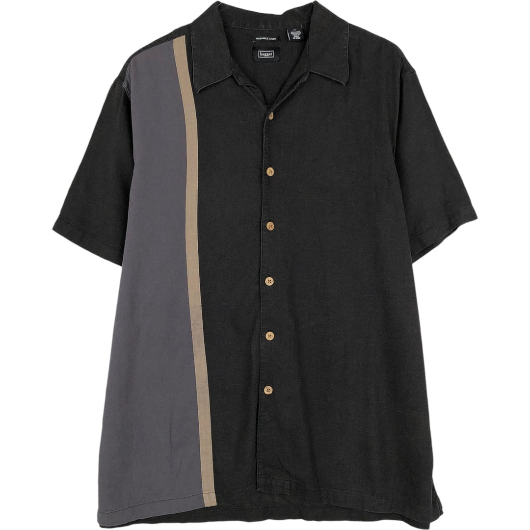 HAGGAR Short-Sleeve Open-Collar Rayon x Linen Shirt, Boxy Fit, Men's Size XL (approx.) linen black type Vintage Second Hand