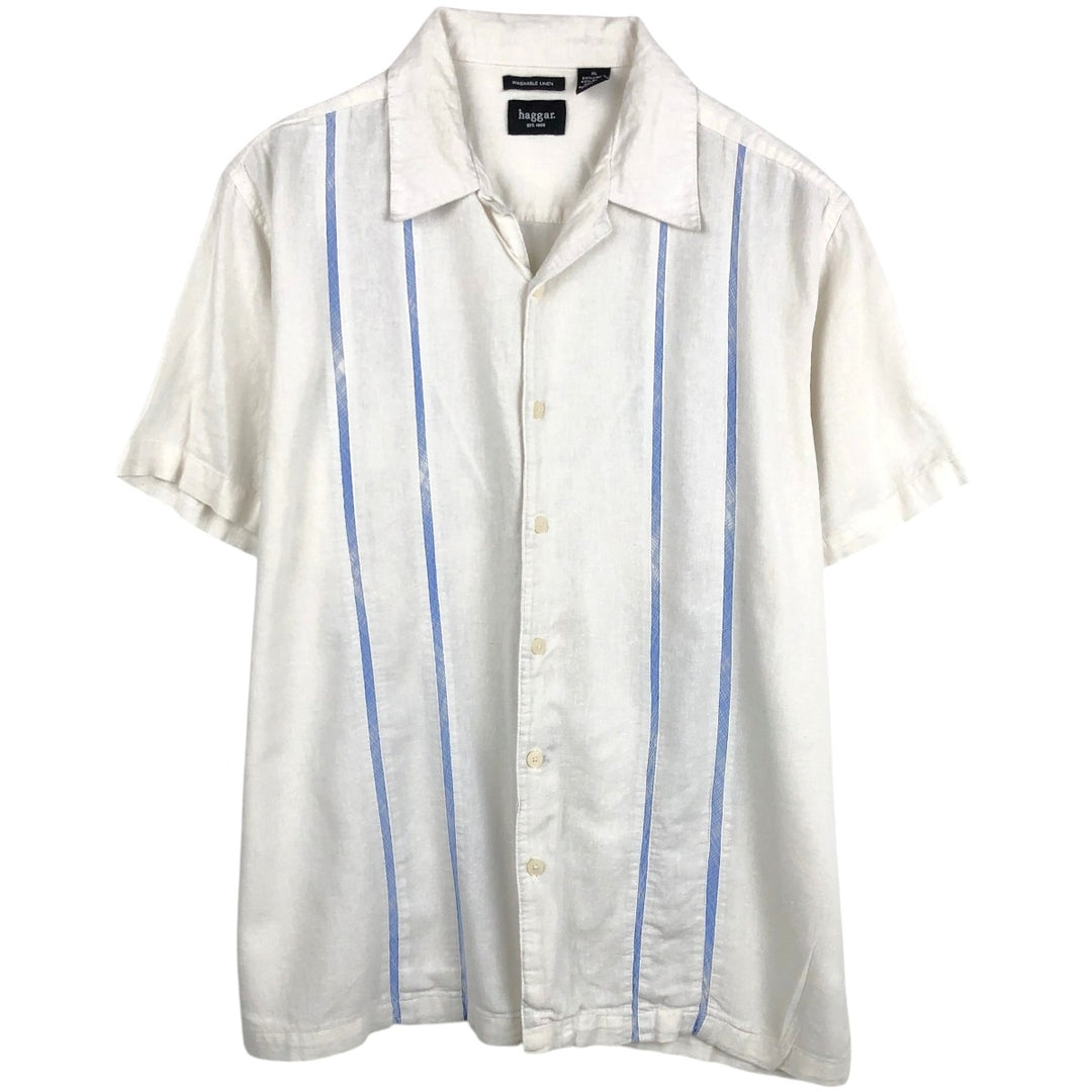 HAGGAR Washable Linen Short-Sleeve Open-Collar Linen x Rayon Box Shirt (Men's XL equivalent) linen white type Vintage Second Hand