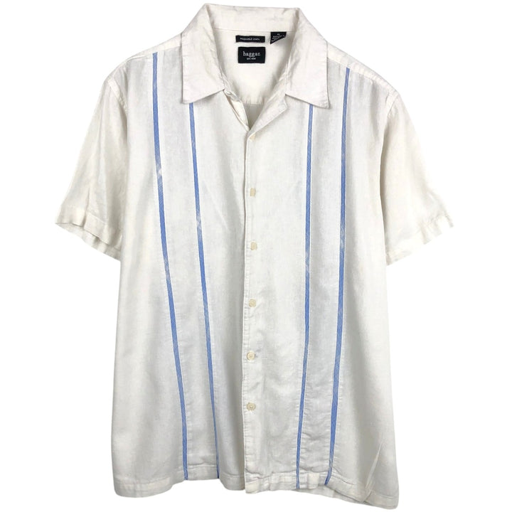 HAGGAR Washable Linen Short-Sleeve Open-Collar Linen x Rayon Box Shirt (Men's XL equivalent) linen white type Vintage Second Hand