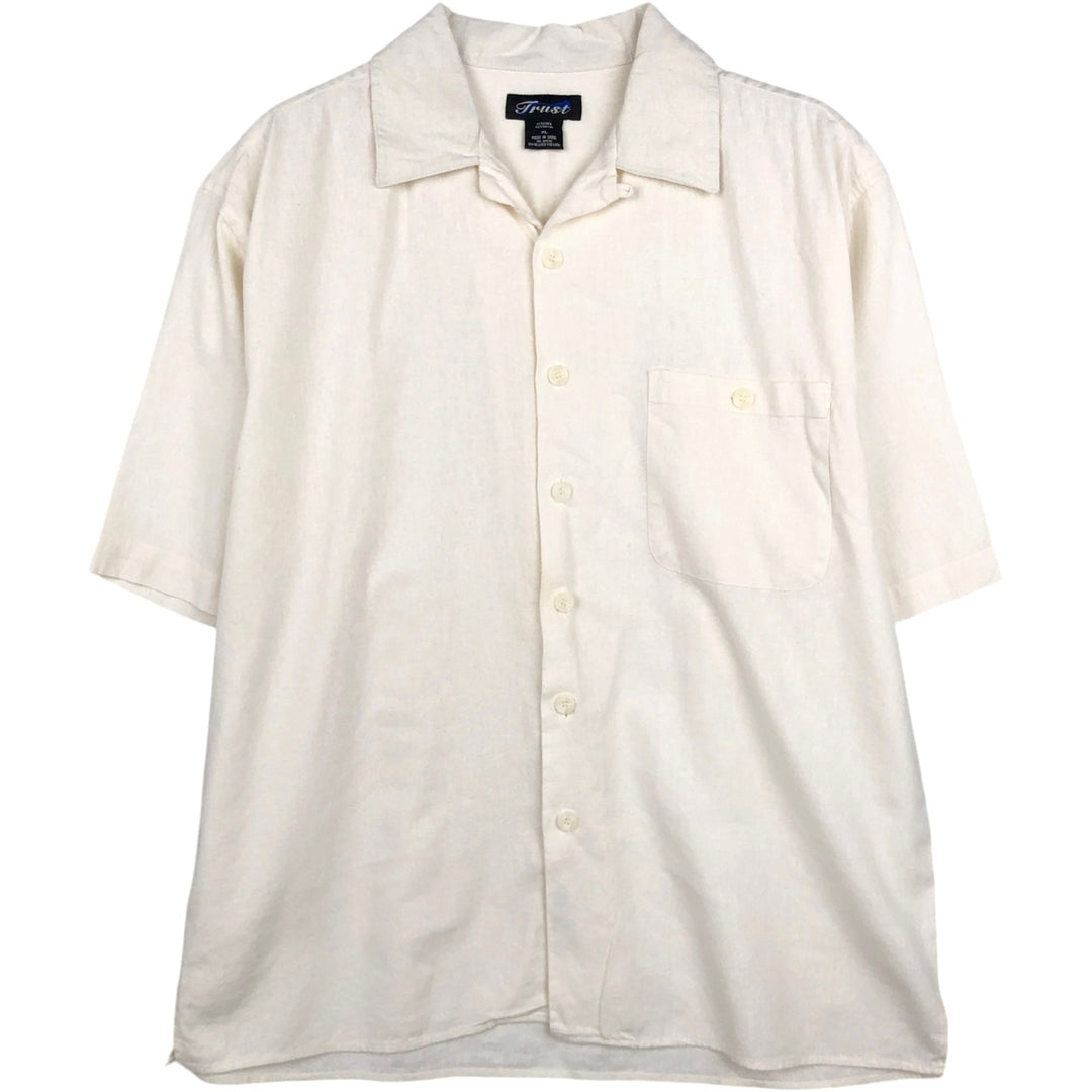 Trust Short Sleeve Open Collar Rayon and Linen Box Shirt, Men's XL linen pale white type Vintage Second Hand