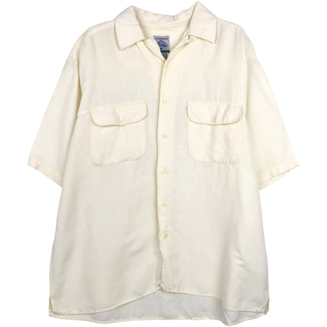 CAMBRIDGE Short-Sleeve Open-Collar Rayon x Linen Shirt, Boxy Fit, Men's Size M (approx.) linen ivory Vintage Second Hand
