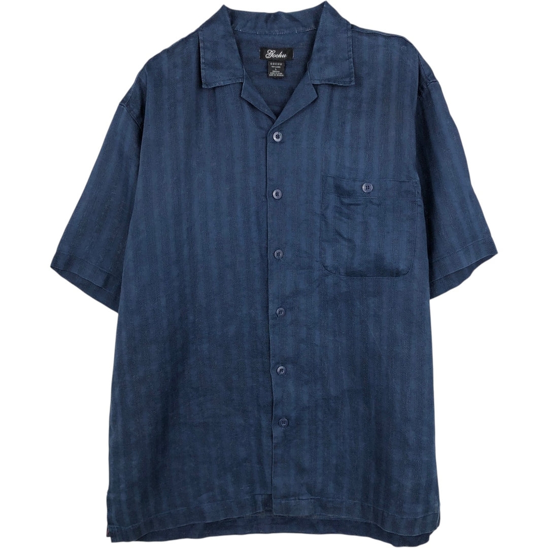 GOCHU Short-Sleeve Open-Collar Linen Shirt, Boxy Fit, Men's Size L (approx.) linen navy blue type Vintage Second Hand