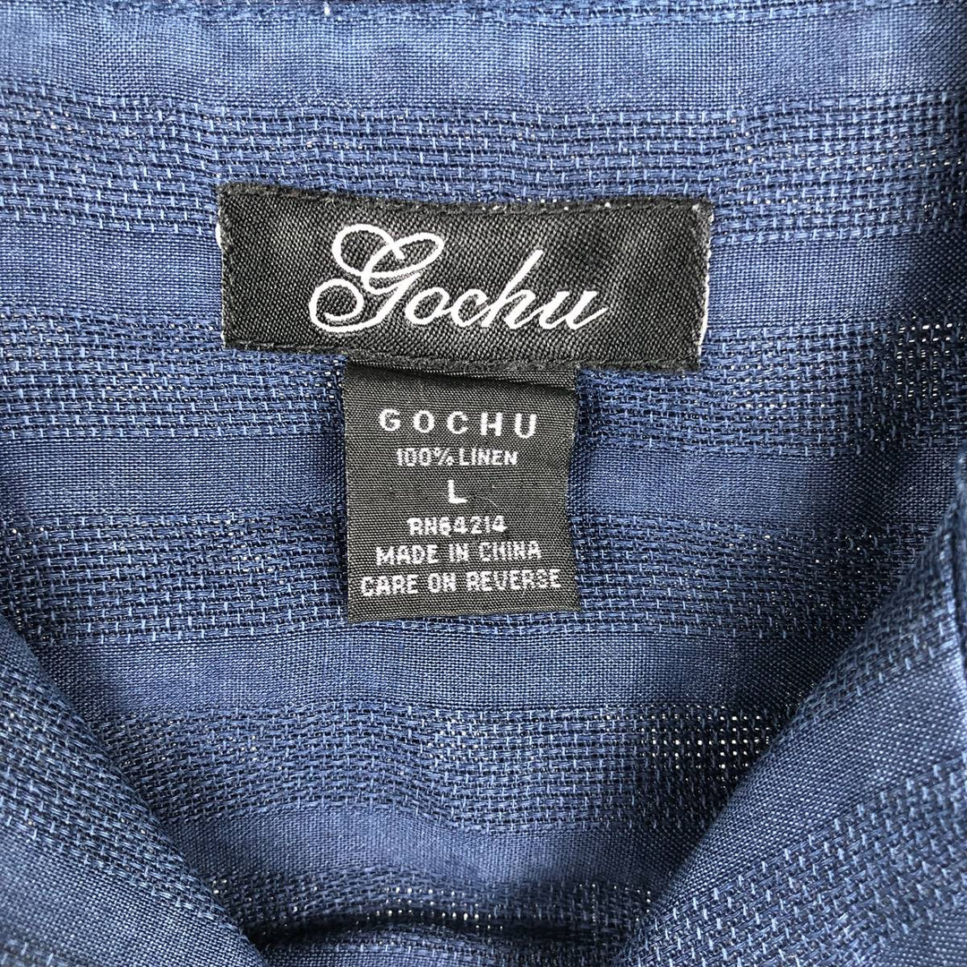 GOCHU Short-Sleeve Open-Collar Linen Shirt, Boxy Fit, Men's Size L (approx.) linen navy blue type Vintage Second Hand