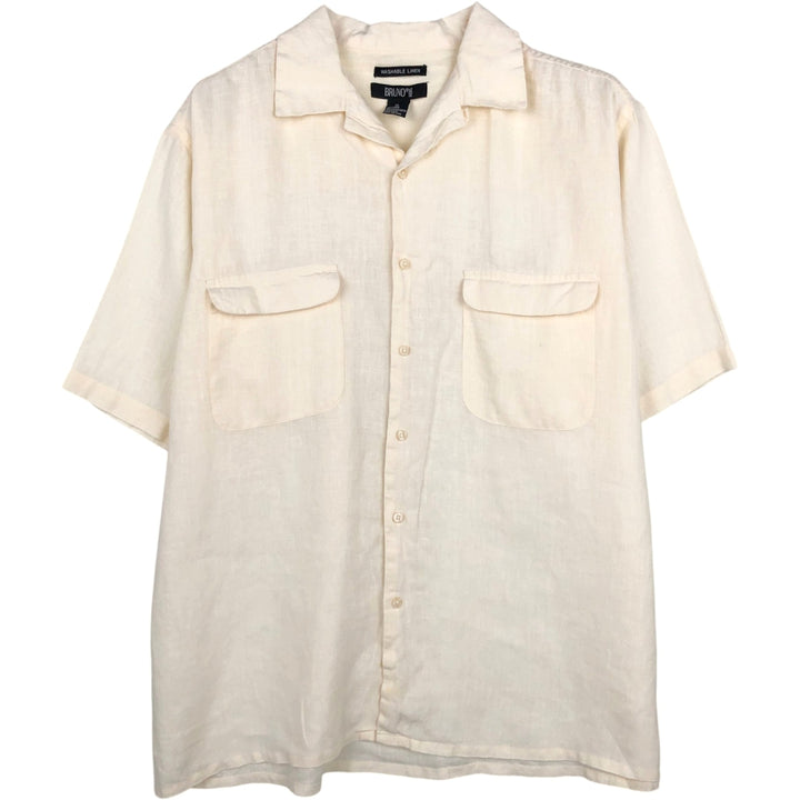 BRUNO Short-Sleeve Open-Collar Linen Shirt, Boxy Shirt, Men's Size XL (approx.) linen pale white type Vintage Second Hand