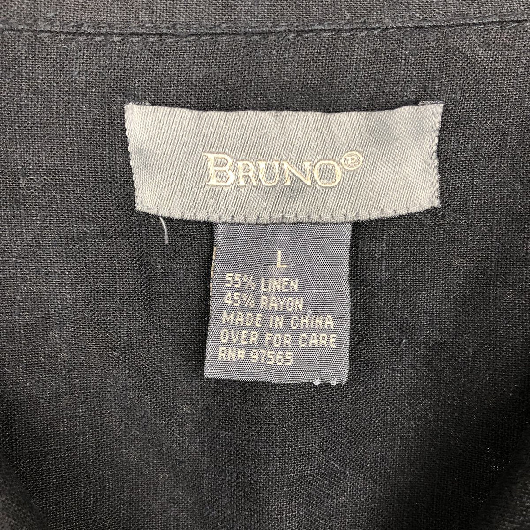 BRUNO Short-Sleeve Open-Collar Rayon x Linen Shirt, Boxy Fit, Men's Size L (approx.) linen black type Vintage Second Hand