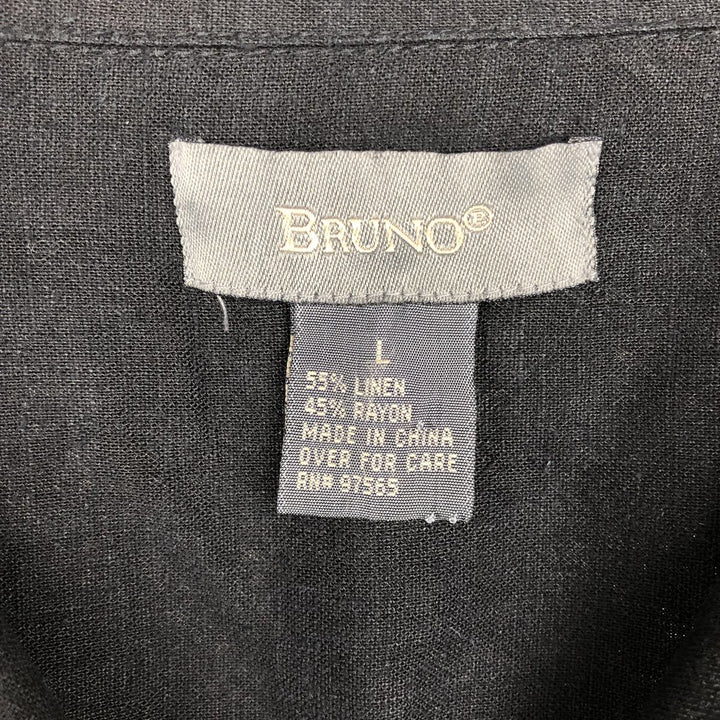 BRUNO Short-Sleeve Open-Collar Rayon x Linen Shirt, Boxy Fit, Men's Size L (approx.) linen black type Vintage Second Hand