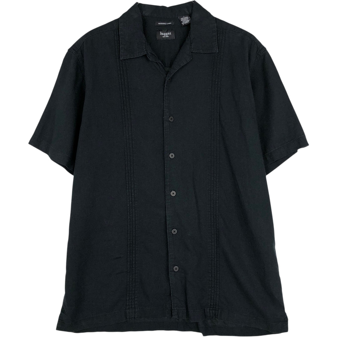 HAGGAR Short-Sleeve Open-Collar Rayon x Linen Shirt, Boxy Fit, Men's Size L (approx.) linen black type Vintage Second Hand