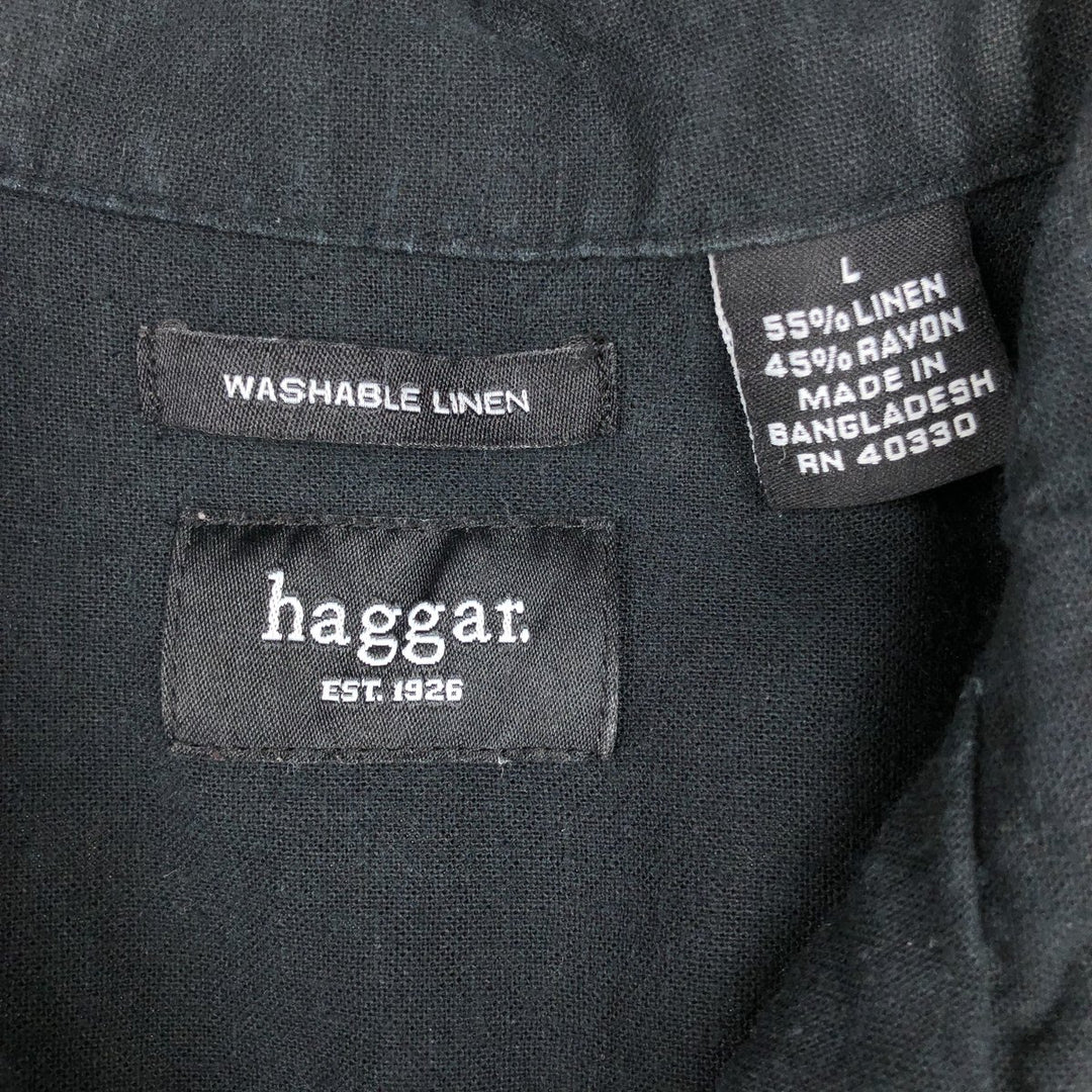 HAGGAR Short-Sleeve Open-Collar Rayon x Linen Shirt, Boxy Fit, Men's Size L (approx.) linen black type Vintage Second Hand