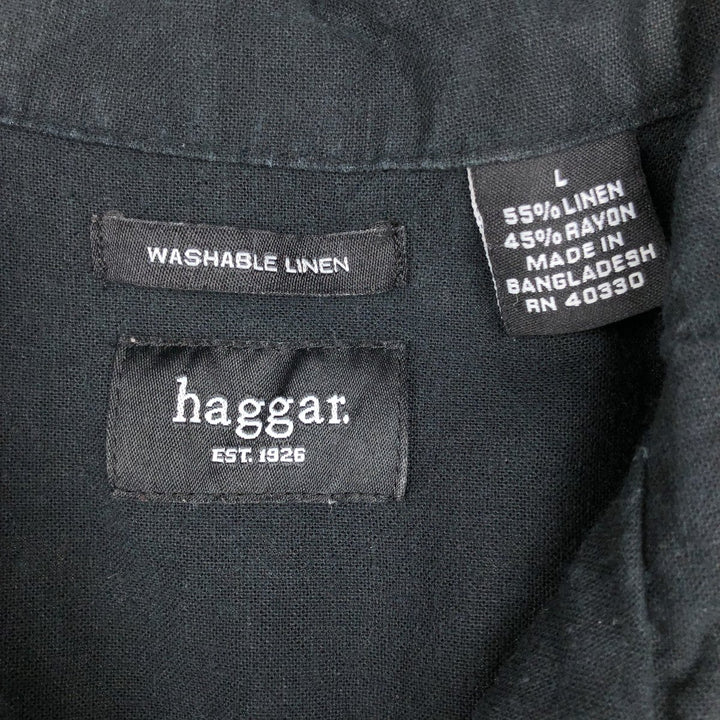HAGGAR Short-Sleeve Open-Collar Rayon x Linen Shirt, Boxy Fit, Men's Size L (approx.) linen black type Vintage Second Hand