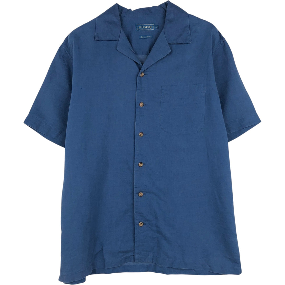 BILTMORE Short-Sleeve Open-Collar Linen Shirt, Boxy Fit, Men's Size M (approx.) linen Navy blue Vintage Second Hand
