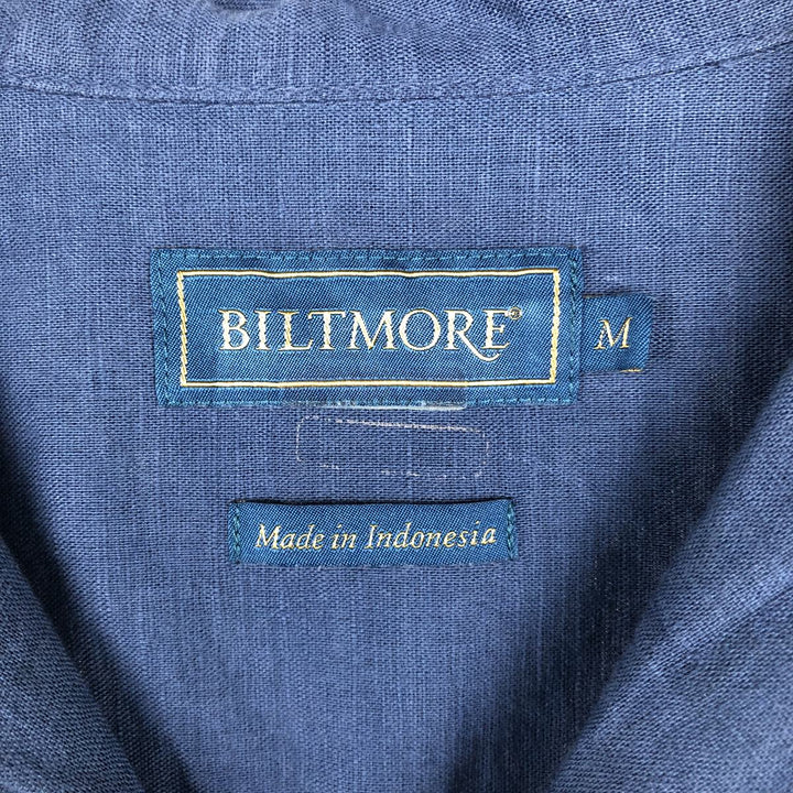 BILTMORE Short-Sleeve Open-Collar Linen Shirt, Boxy Fit, Men's Size M (approx.) linen Navy blue Vintage Second Hand