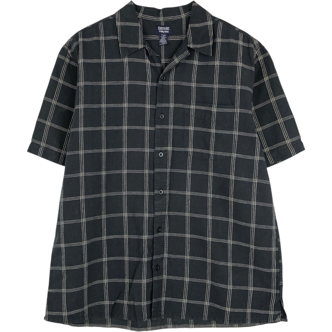 DENVER HAYES Check Pattern Short-Sleeve Open Collar Cotton x Linen Shirt, Boxy Shirt, Men's Size L (approx.) linen black type Vintage Second Hand