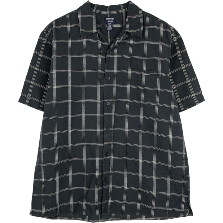 DENVER HAYES Check Pattern Short-Sleeve Open Collar Cotton x Linen Shirt, Boxy Shirt, Men's Size L (approx.) linen black type Vintage Second Hand